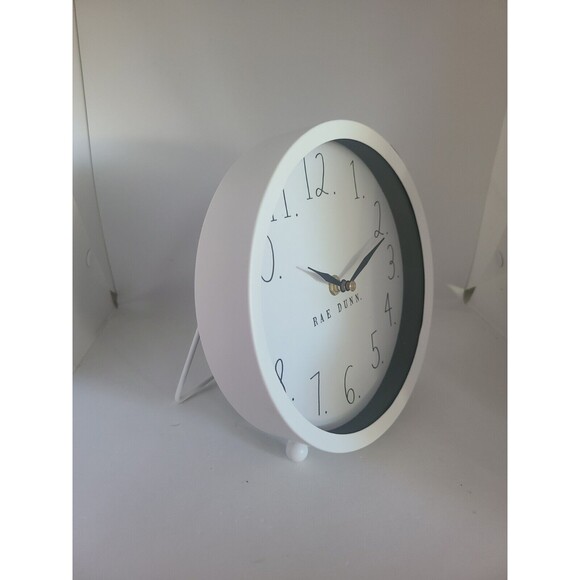 Small Rae Dunn Clock 8" Metal White Round Office Desk Footed Standing Battery - Picture 2 of 6